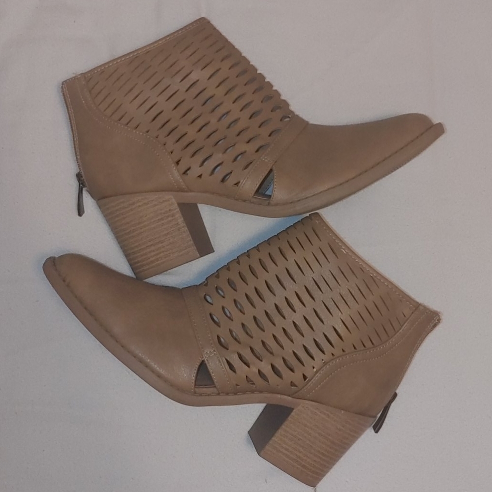 Tan booties with laser cut detail